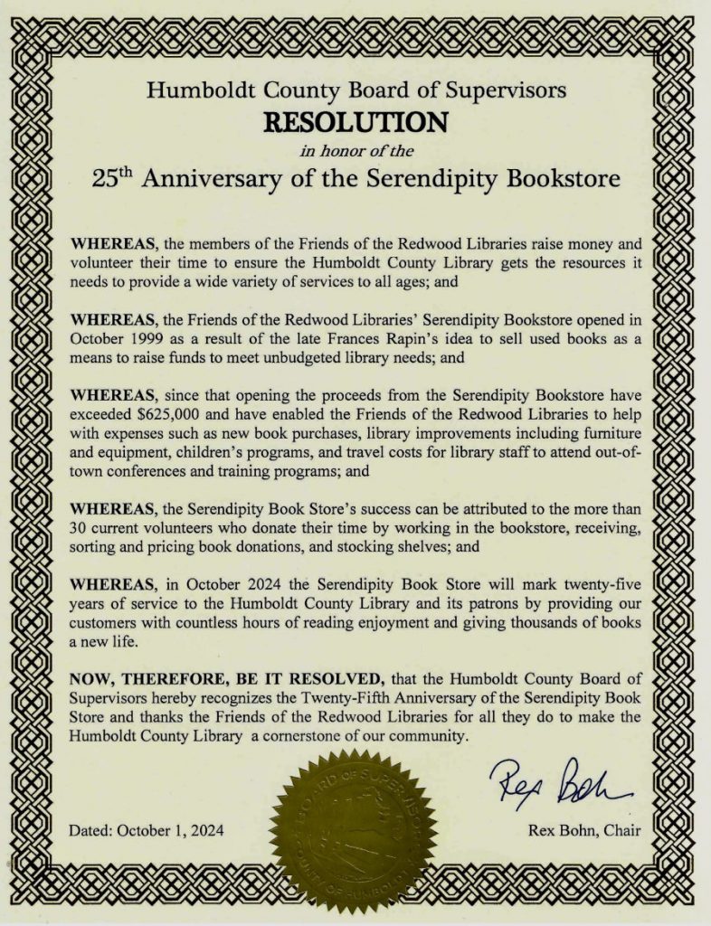 Humboldt County Board of Supervisors Resolution honoring Serendipity Bookstore